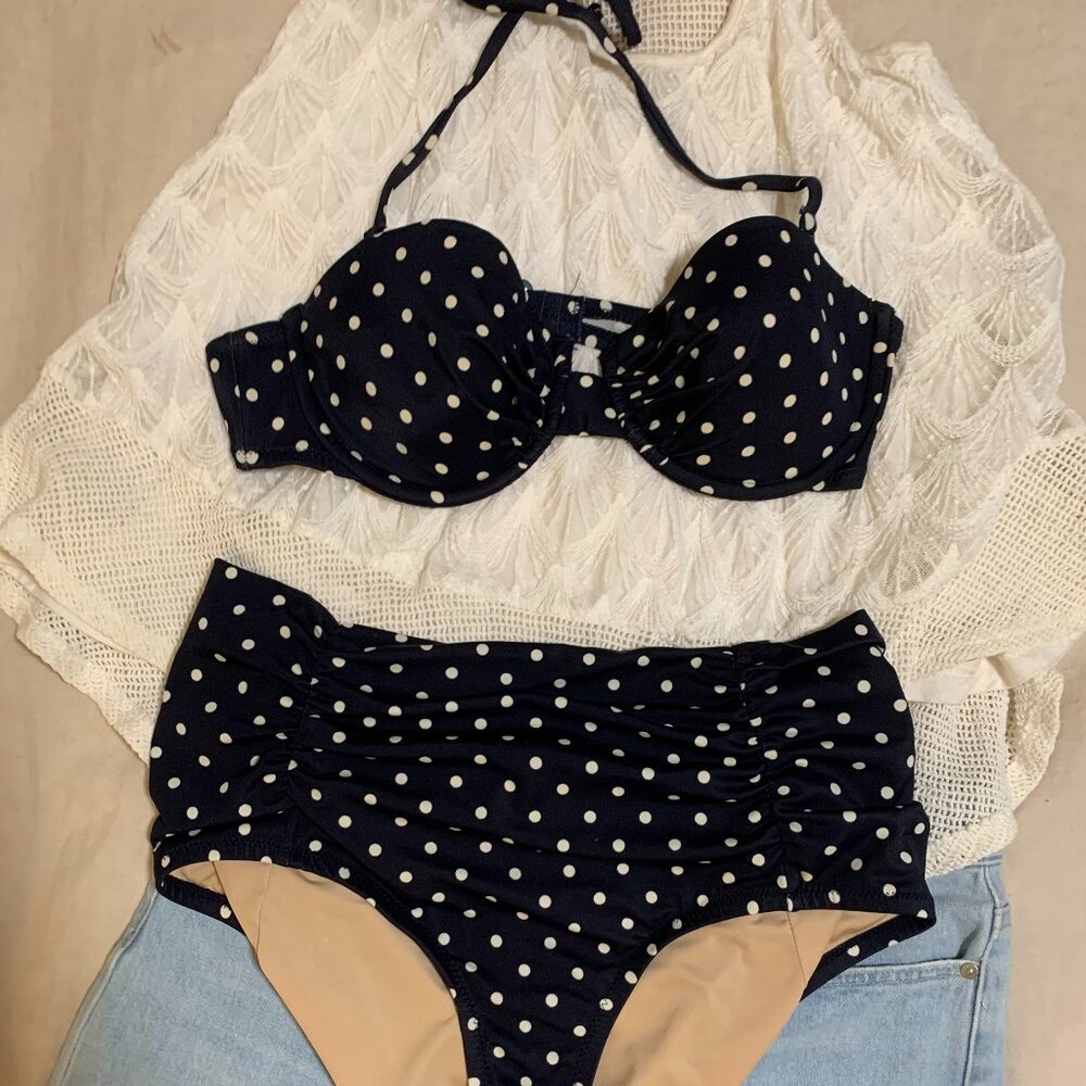 JCrew Navy Polka Dot High Waisted Bikini